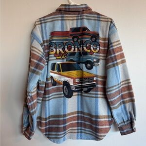 Ford Bronco Graphic Plaid Shacket Blue Brown Flannel Shirt Jacket Medium